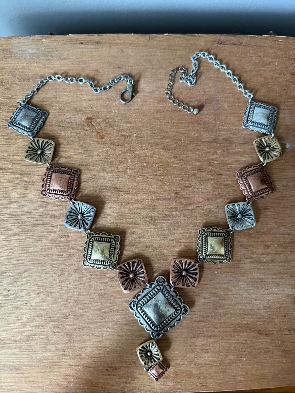 Vintage 3 tone Mixed Metal Southwestern Square concho Statement Necklace -
